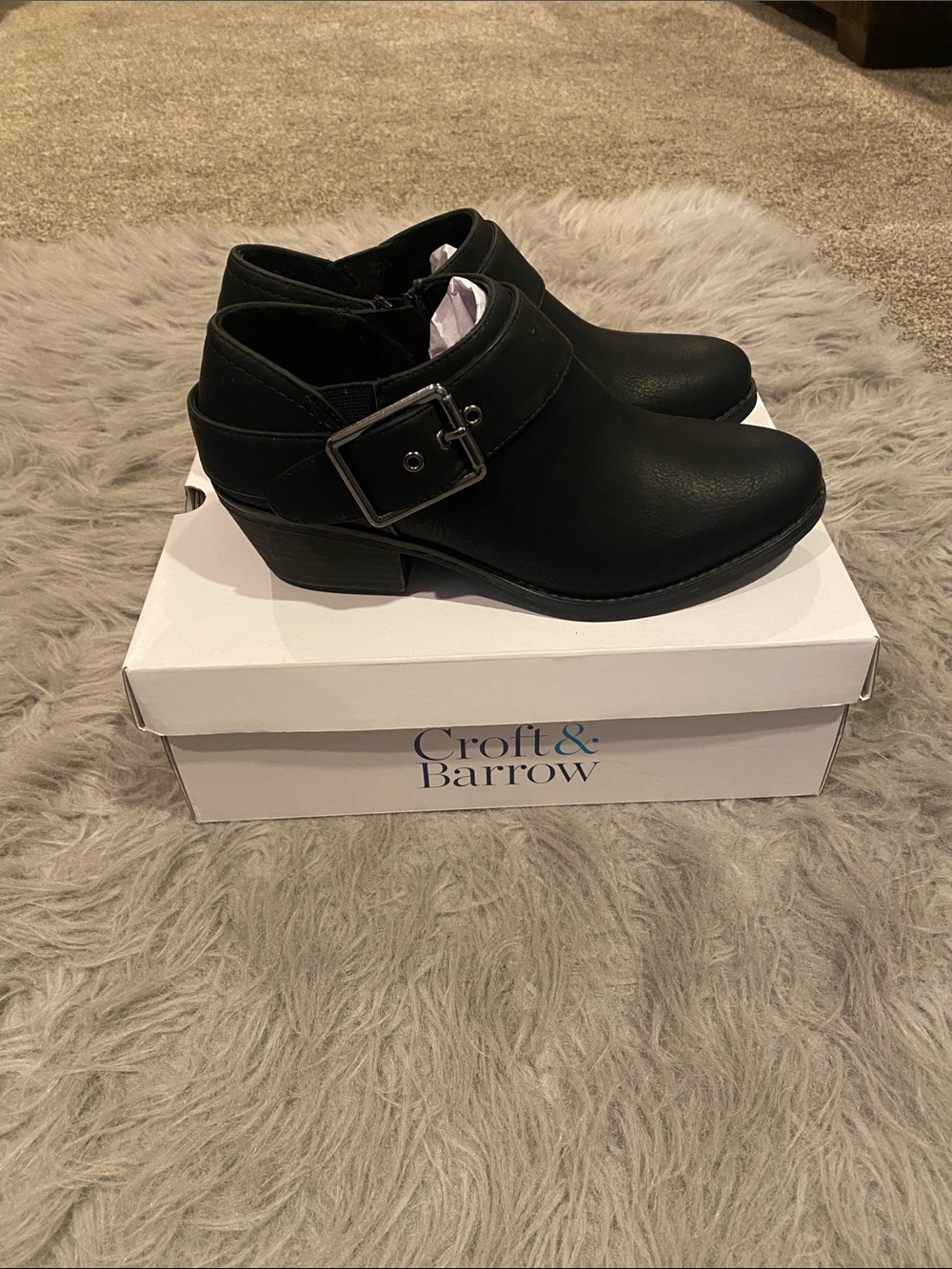 croft & barrow Black Low Heel Ankle Booties with Buckle Strap dorindaa